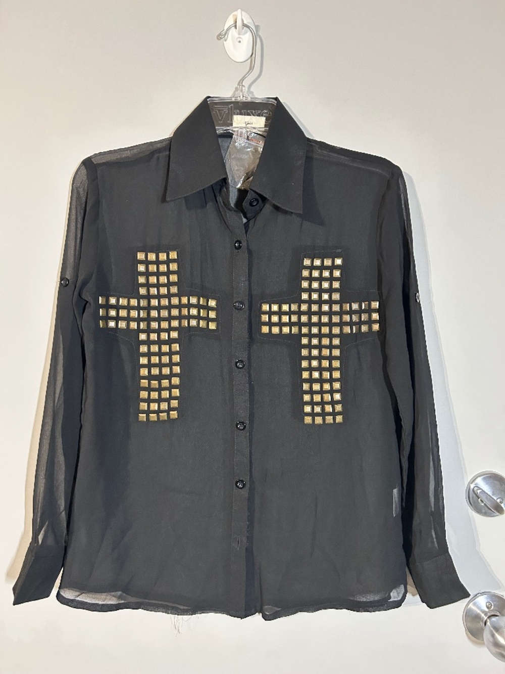 Black sheer blouse Studded Cross Button up, by Tobi - Y2K style, goth, punk